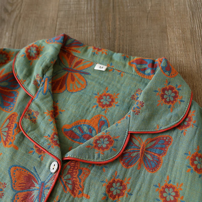 Vintage sommerfugleprint bomuldsloungeset – detaljebillede