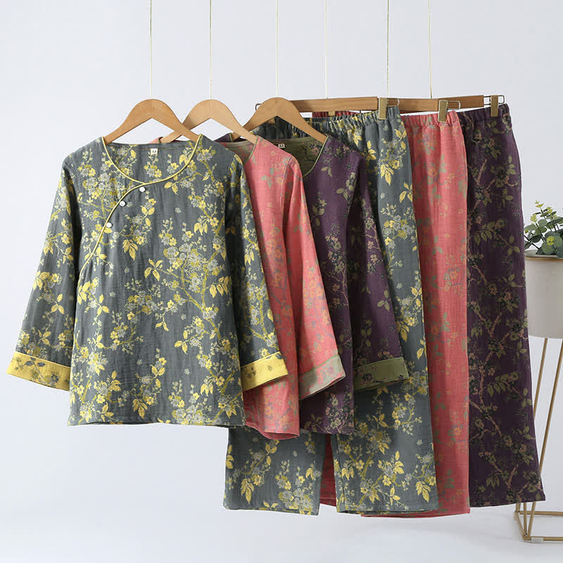 Jacquard loungewear sæt til damer i mørk lilla med vintage blomsterprint