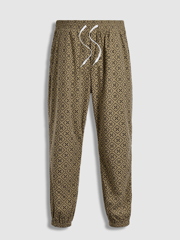 Fløjlsbukser til mænd i khaki med vintage ternet mønster, forfra