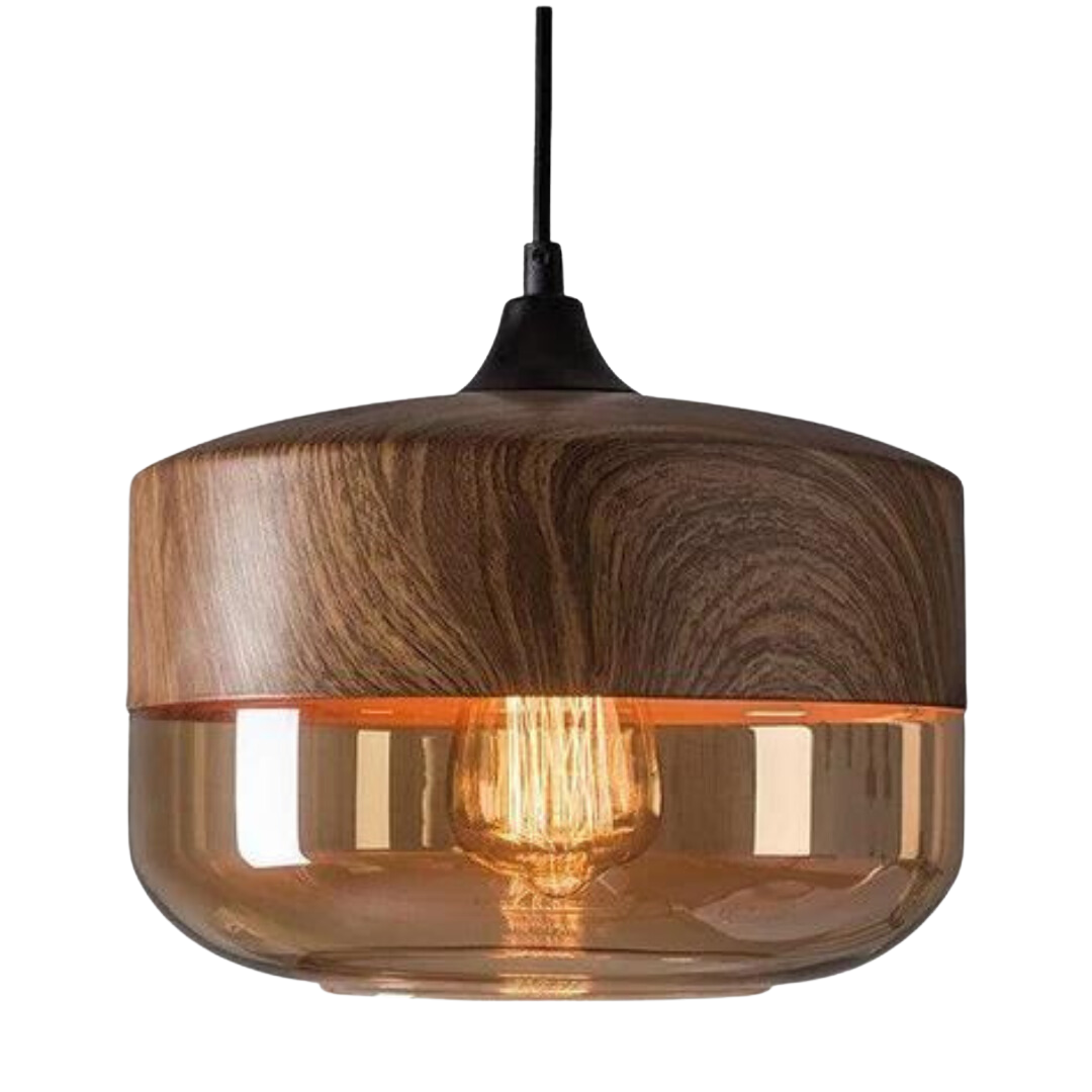 Loftlampe med glaskærm og justerbar kabel i stue