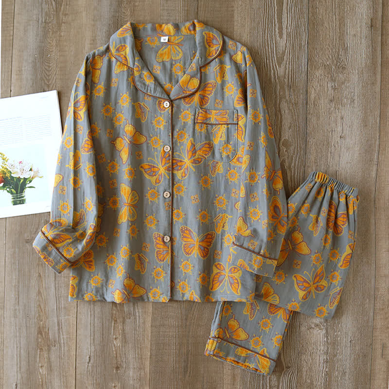 Vintage sommerfugleprint loungesæt i bomuld – grå – størrelse XL