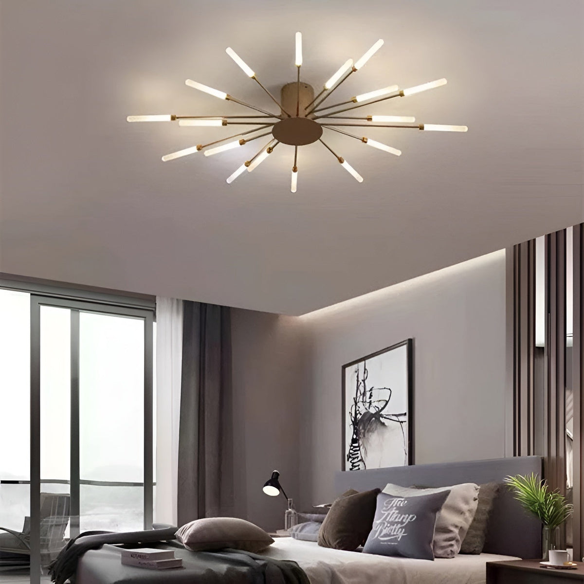LED-loftlampe i guld med 18 diffuse pærer i neutral lysfarve