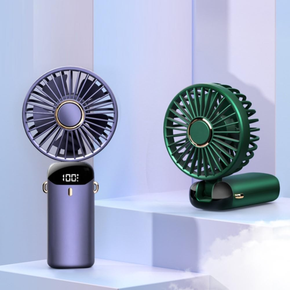 Kompakt miniventilator set fra siden med klapbart design
