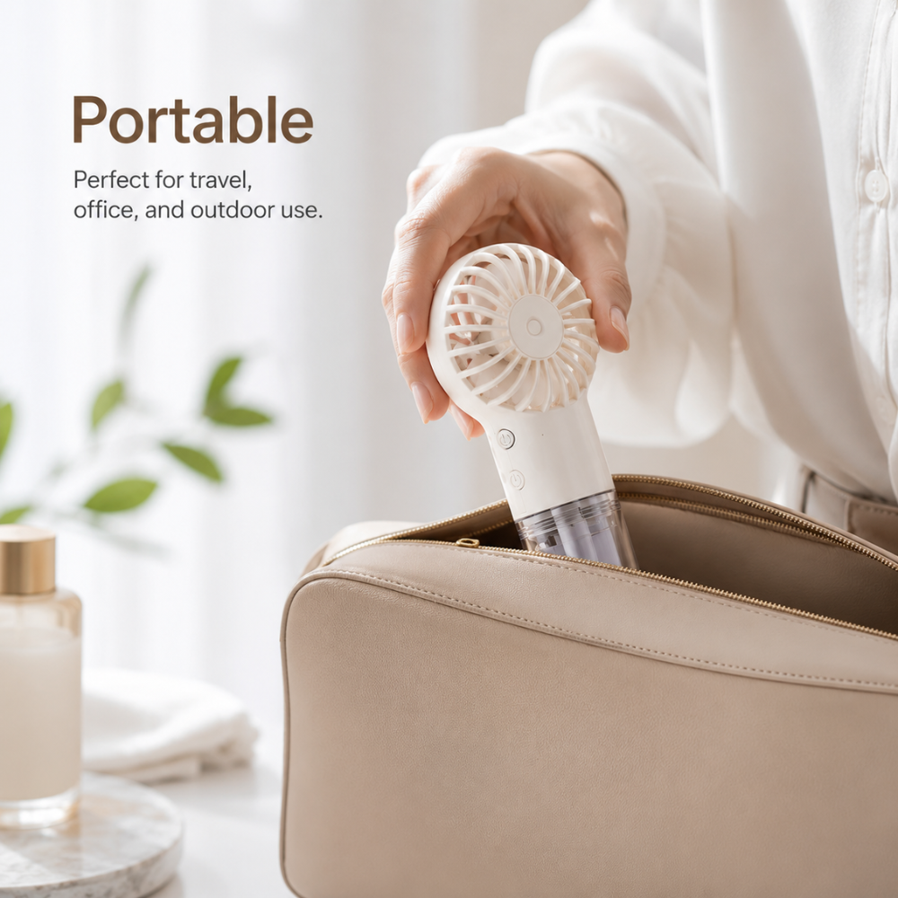 USB-genopladelig miniventilator med sprayfunktion – set forfra