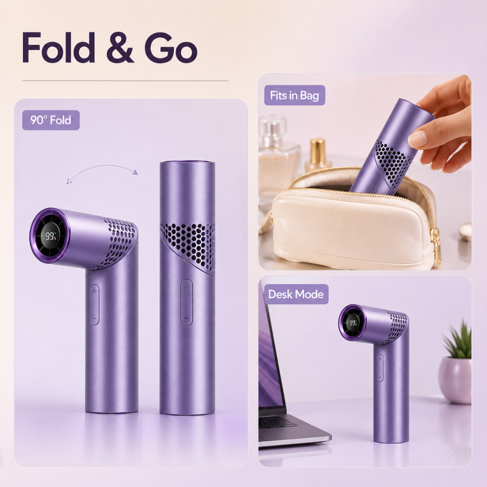 Mini turbo håndventilator med 90° fold – detalje af betjeningsknap