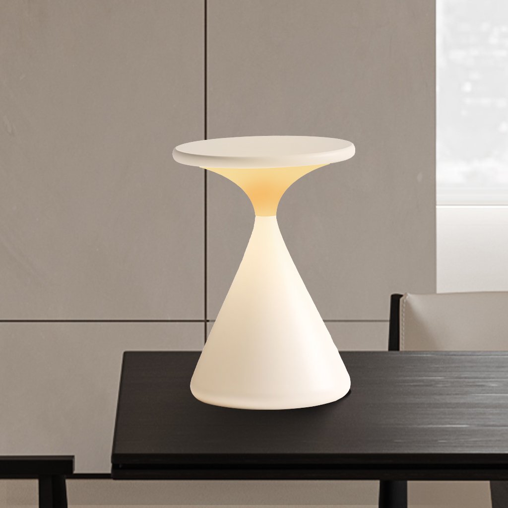 Dæmpbar trådløs LED-bordlampe i timeglasdesign, mat hvid
