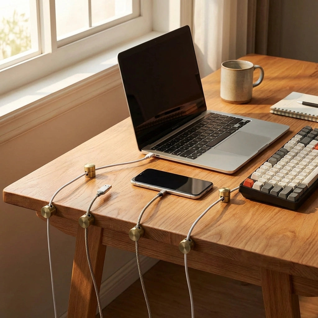 Sort kabelclip i aluminium holder USB-kabel på skrivebord