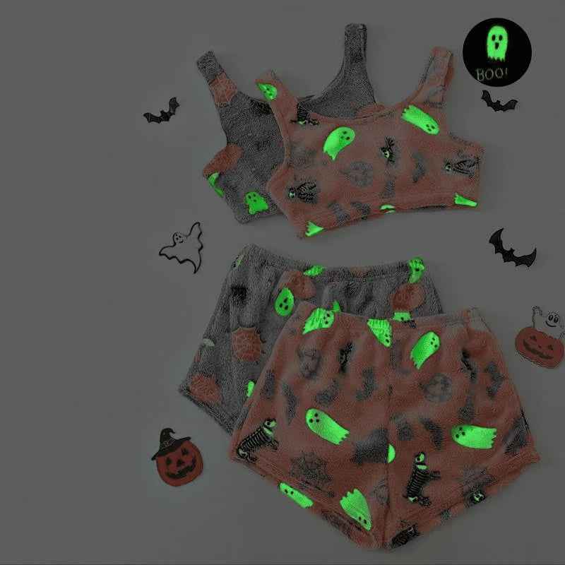 Halloween-pyjamassæt til kvinder – detalje af fosforescerende print