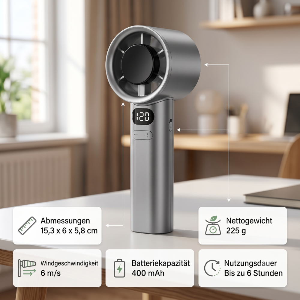 Digitalt display på håndventilator viser hastighedsindstilling