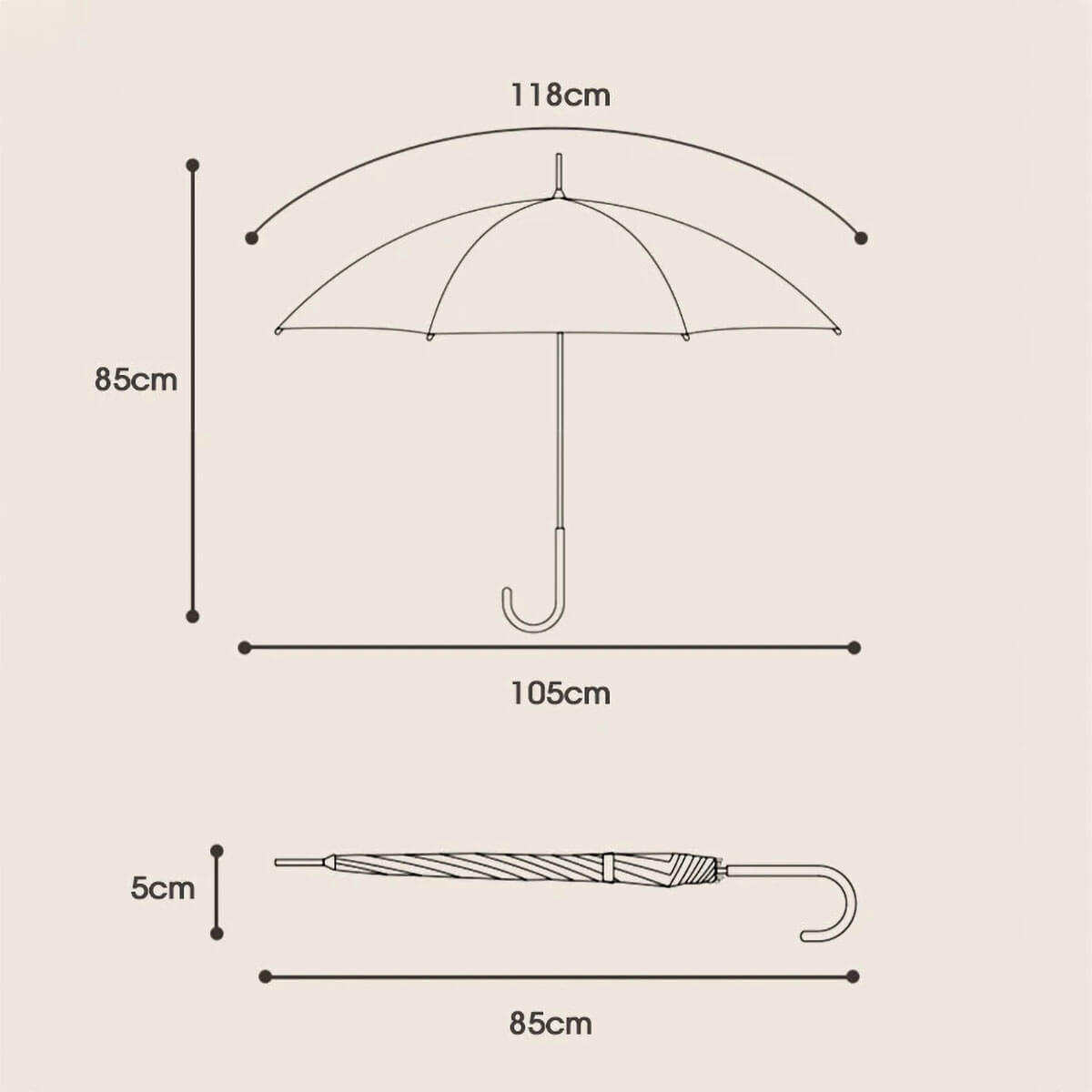 Åben lang paraply indendørs der viser den fulde 105 cm skærmdiameter