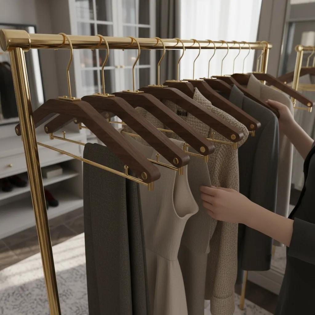 Træbøjler i Valnød – Elegant og Robust Opbevaring til Tøj og Tilbehør | Perfekt til Garderobe og Butik 4