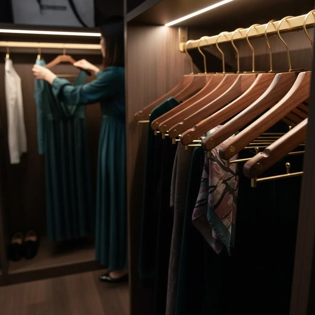 Træbøjler i Valnød – Elegant og Robust Opbevaring til Tøj og Tilbehør | Perfekt til Garderobe og Butik 6