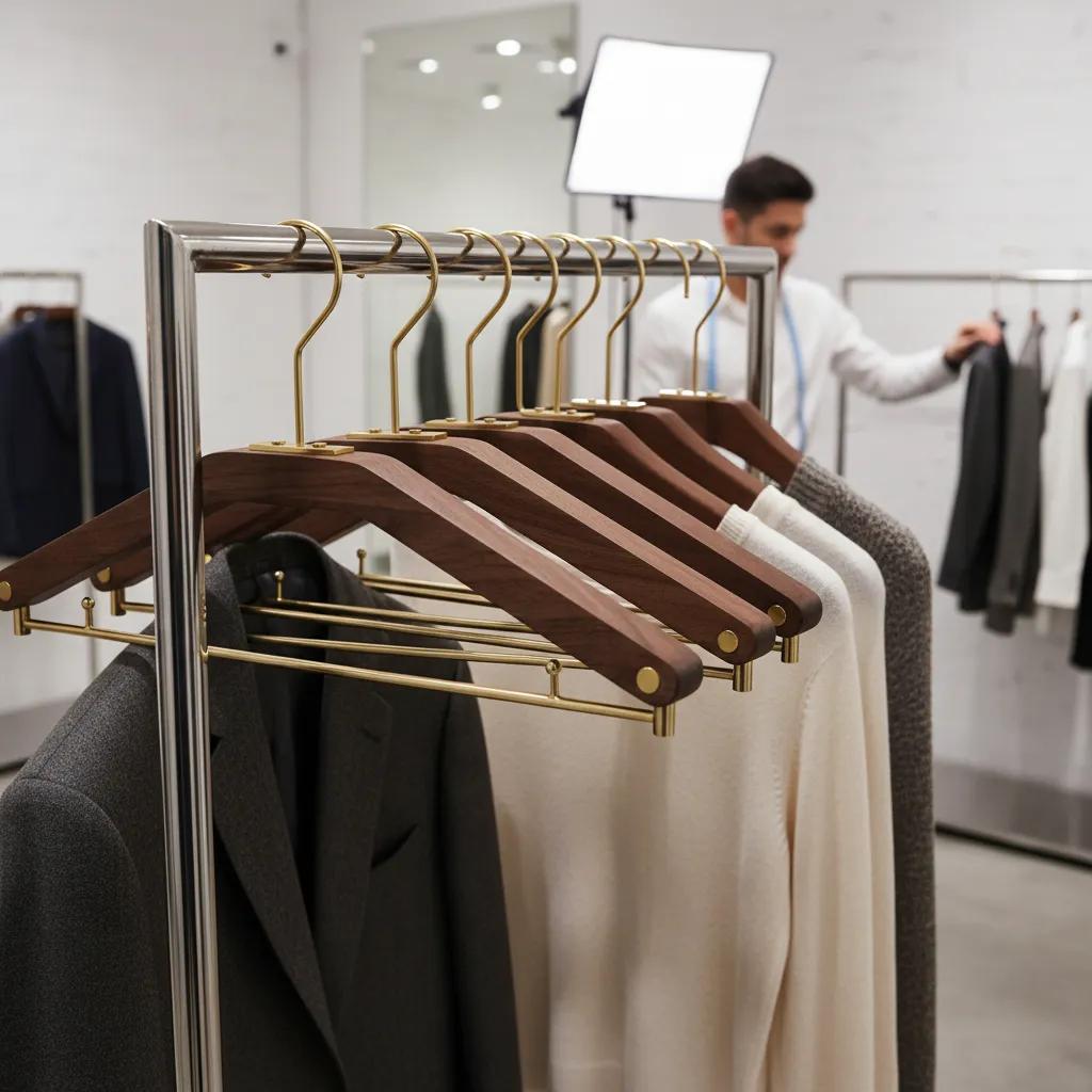 Træbøjler i Valnød – Elegant og Robust Opbevaring til Tøj og Tilbehør | Perfekt til Garderobe og Butik 7