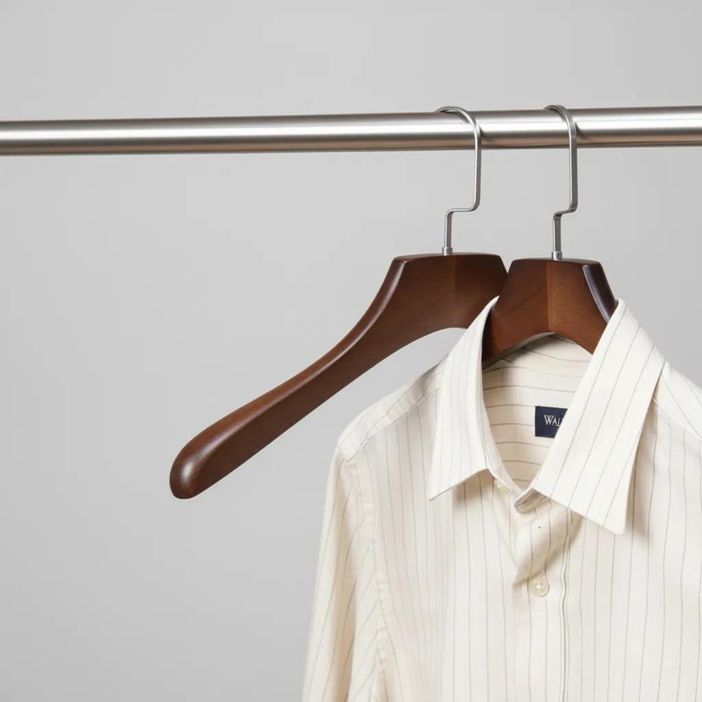 Trætøjsbøjler i Valnød – Skridsikre Skulderbøjler til Jakkesæt og Kjoler | Elegant og Funktionel Garderobeopbevaring 1
