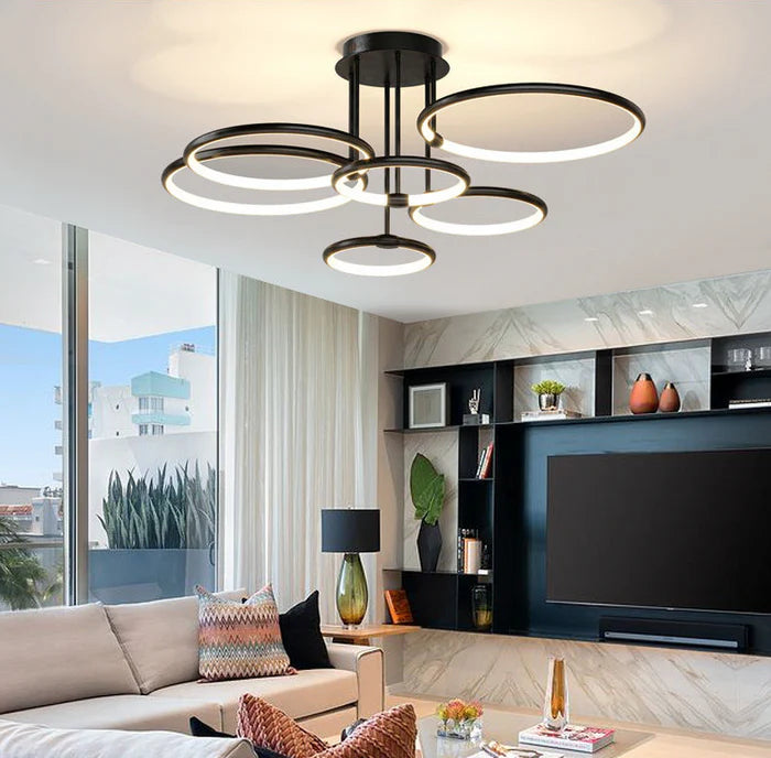 Guldfarvet LED-lysekrone til stuen – moderne geometrisk design med hyggeligt lys, billede 1