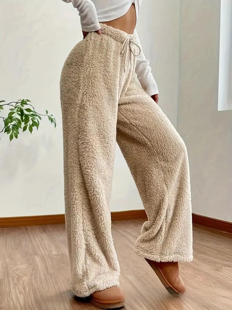 Bløde teddy sherpa-bukser til damer i beige farve
