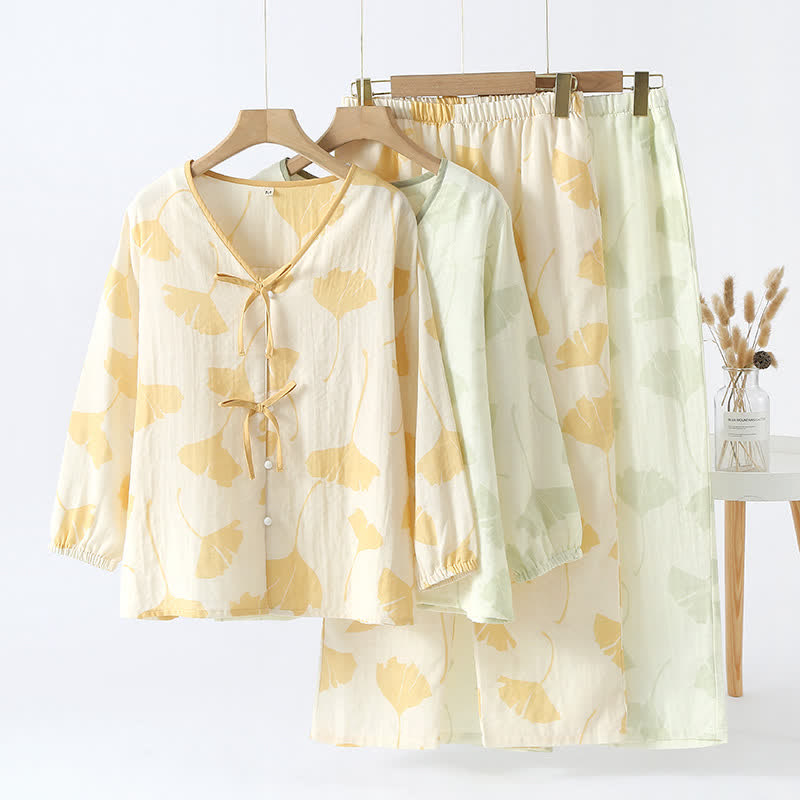 Loungewear sæt i bomuld med ginkgo-bladmønster og sløjfe – gul