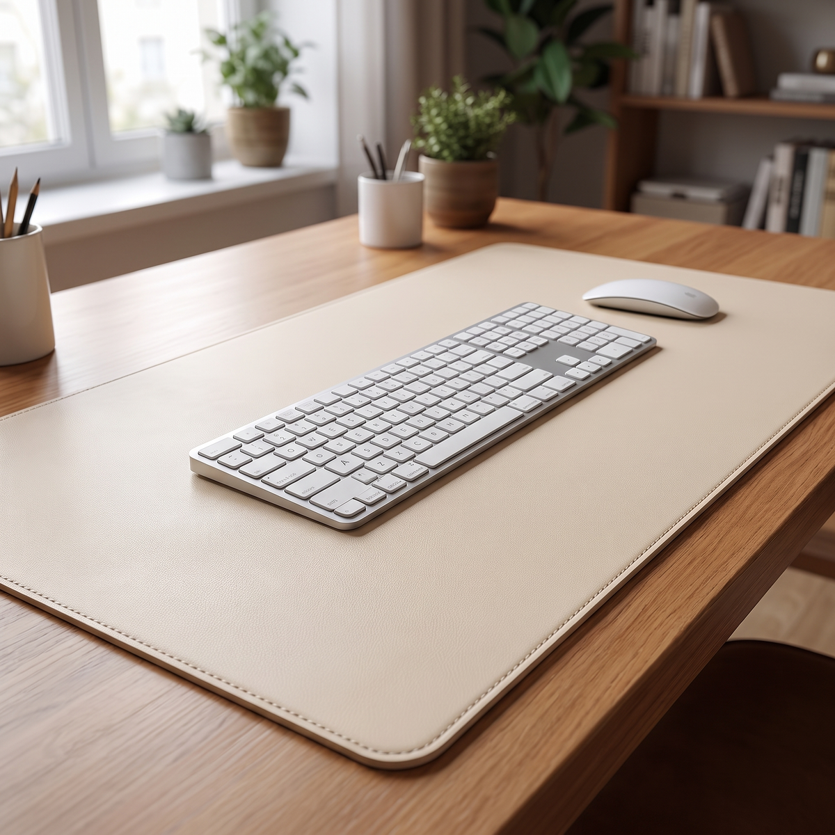 Skrivebordsunderlag 120x60 cm i kunstlæder med tastatur og mus på et træskrivebord
