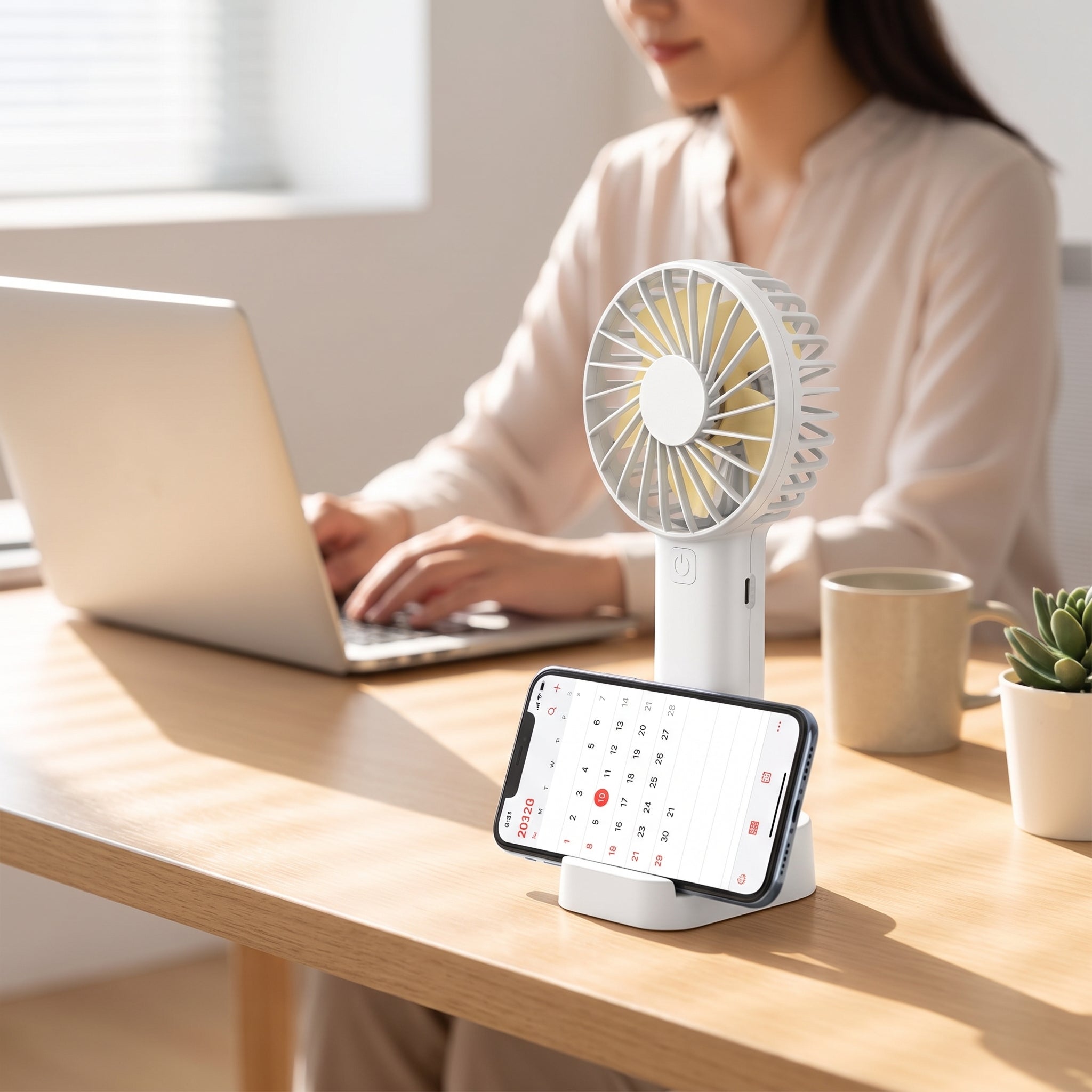 Hvid USB-håndventilator med telefonholder placeret på et skrivebord