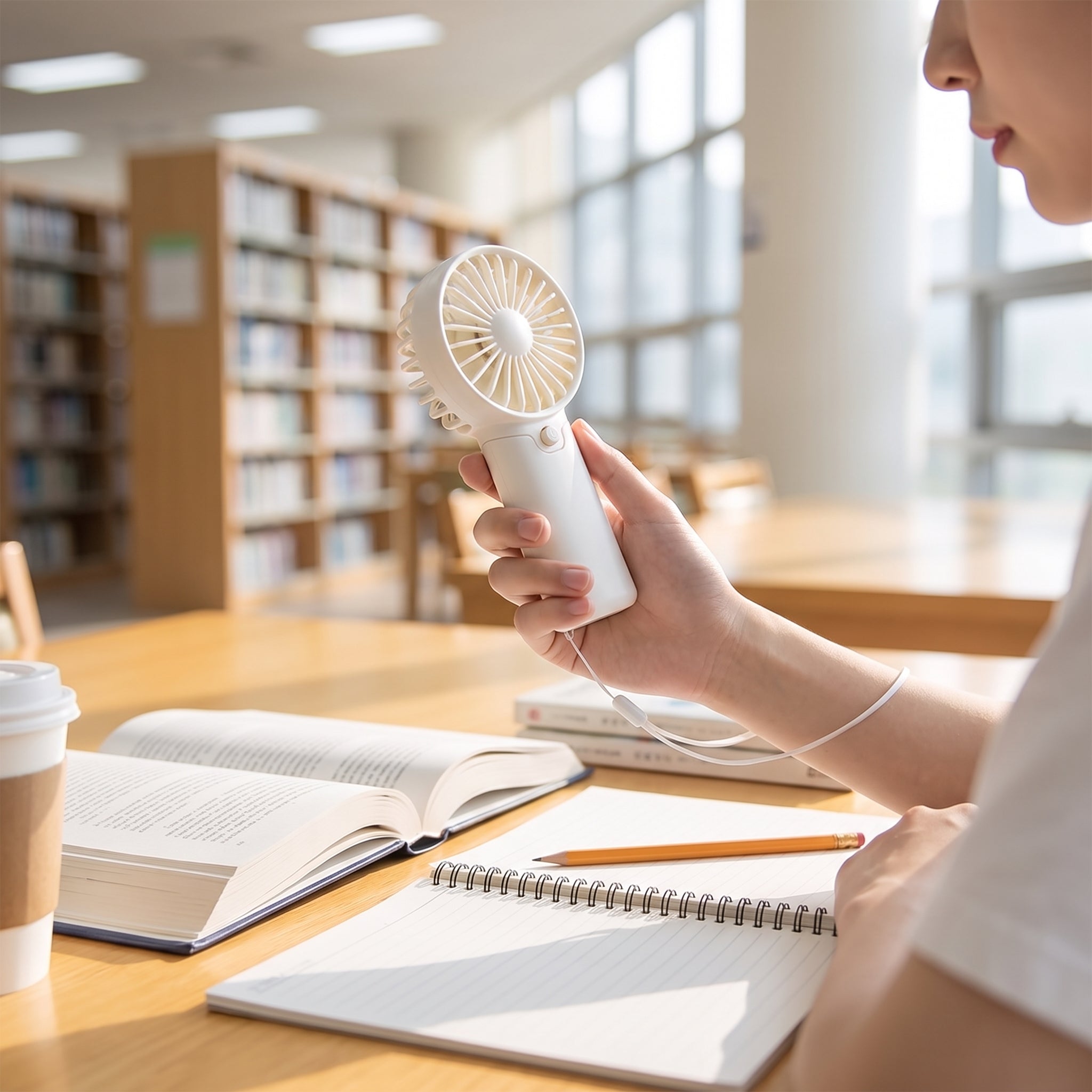 Mini-håndventilator i brug under studier på bibliotek