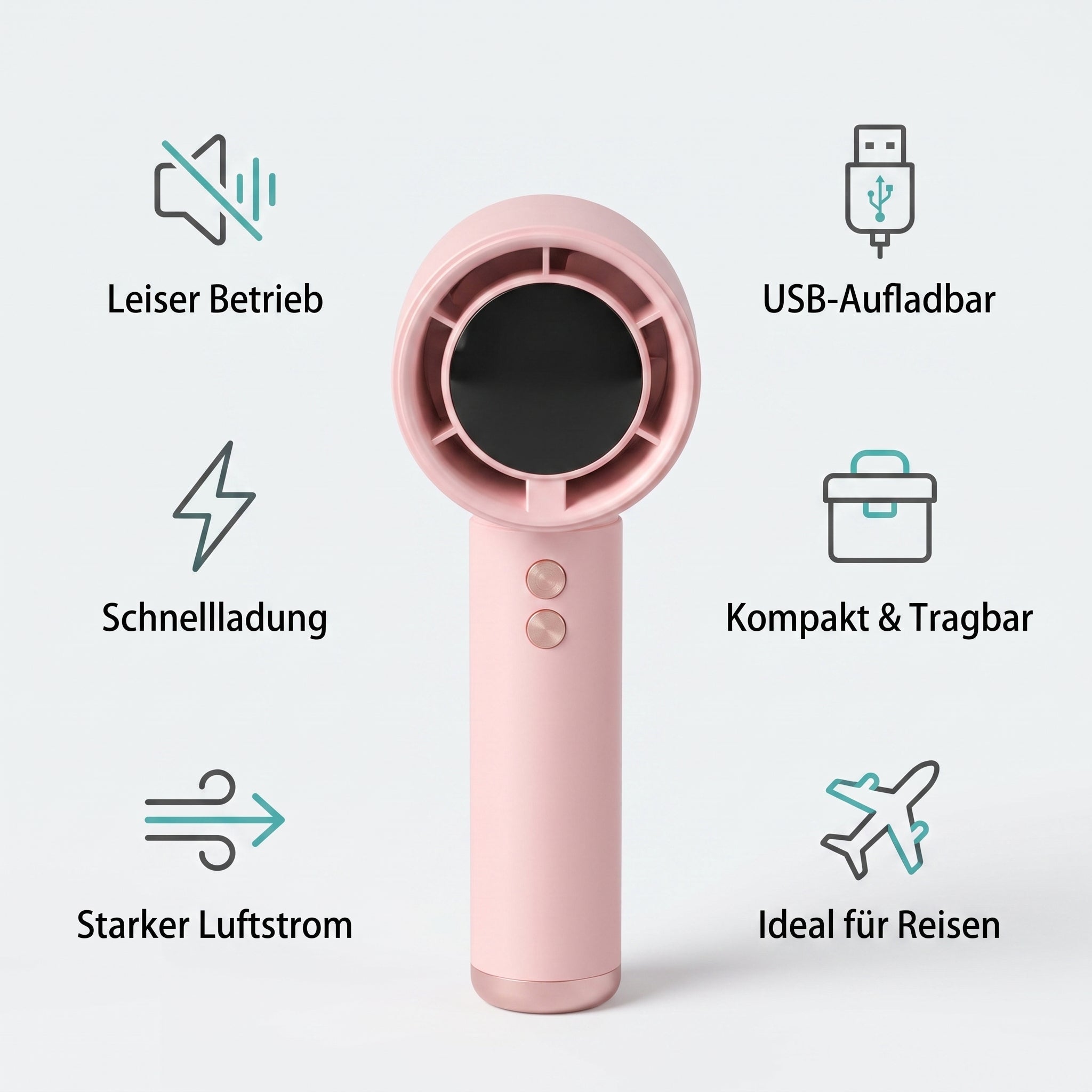 Funktioner på rejsevifte: stille, USB-opladbar, kompakt