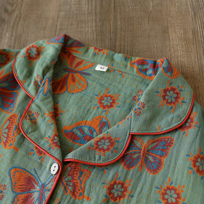 Vintage sommerfugleprint bomuldsloungeset – detaljebillede