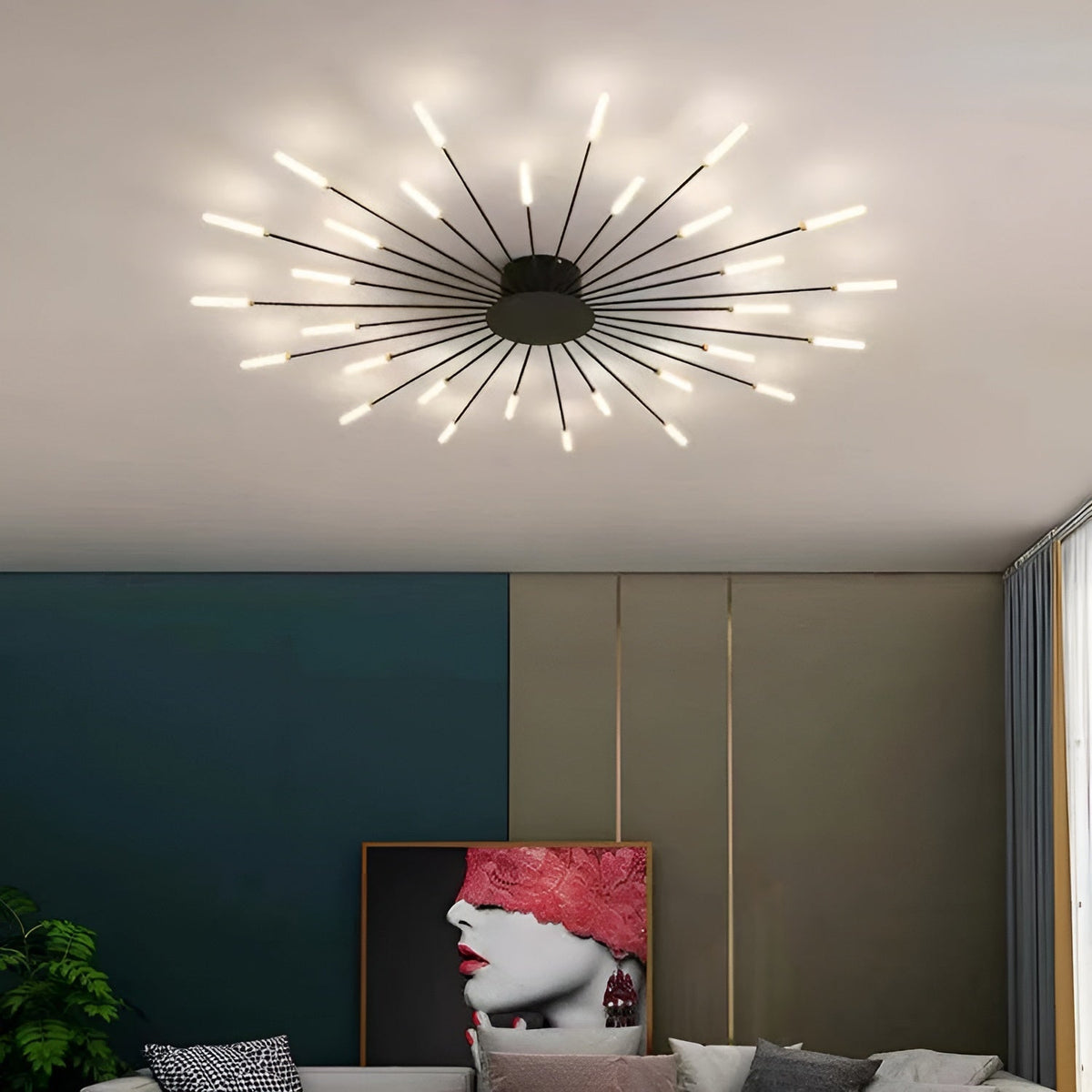 LED-loftlampe sort med 30 diffuse pærer i neutral lysfarve