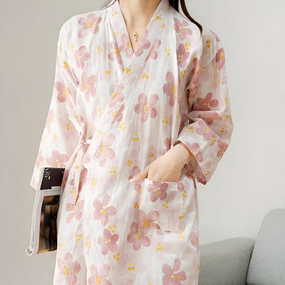 Kimono badekåbe i bomuld med blomsterprint
