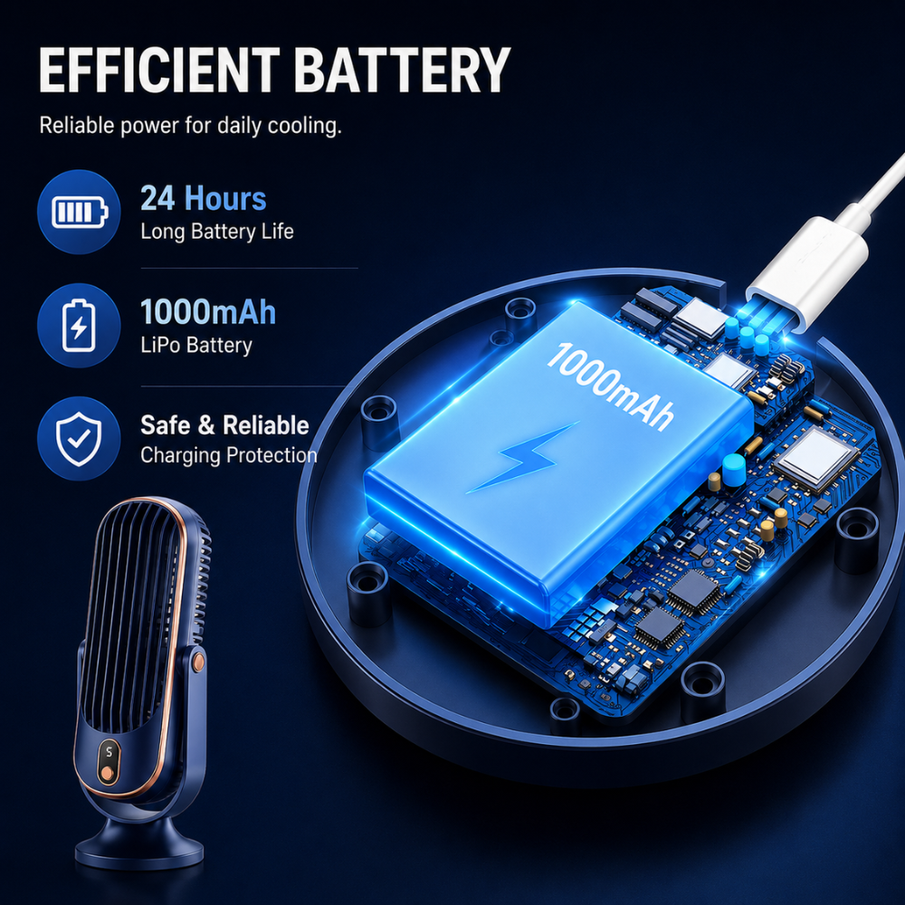 Kompakt bordventilator med genopladeligt batteri – side visning
