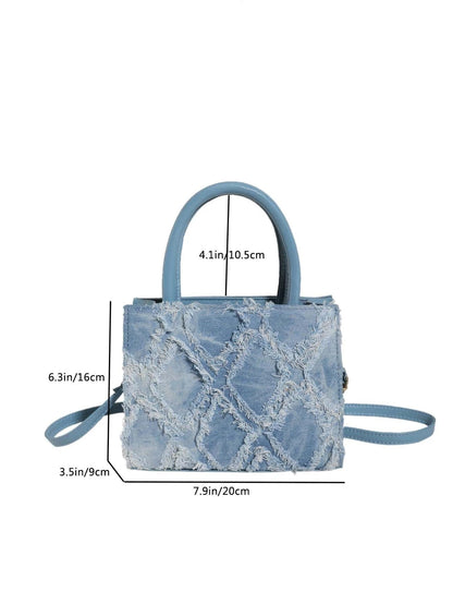 Firkantet mini tote bag i denim – sidevisning