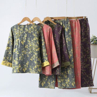 Jacquard loungewear sæt til damer i mørk lilla med vintage blomsterprint