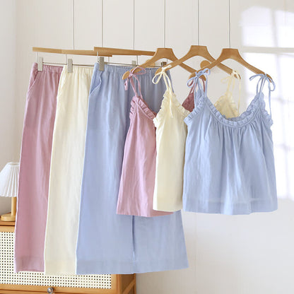 Bomuld camisole pyjamas dame med flæsekant – set forfra