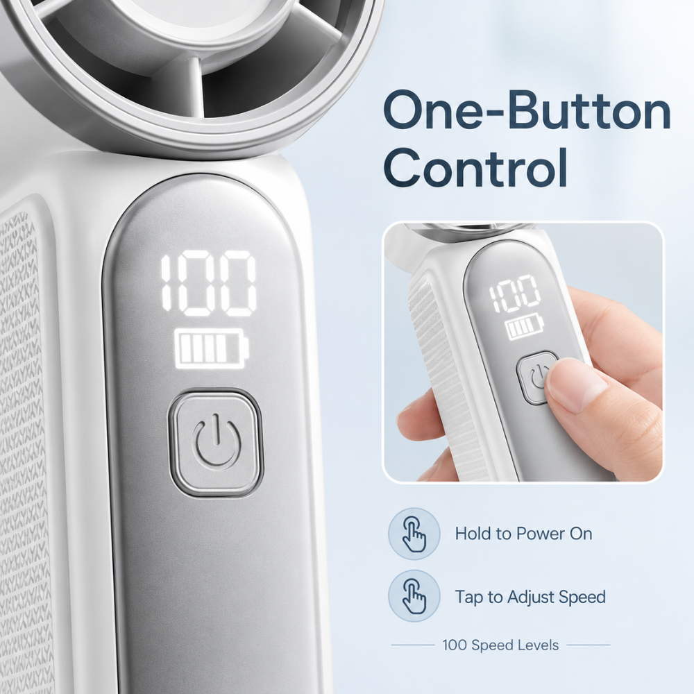 Mini håndventilator opladning via USB-C kabel