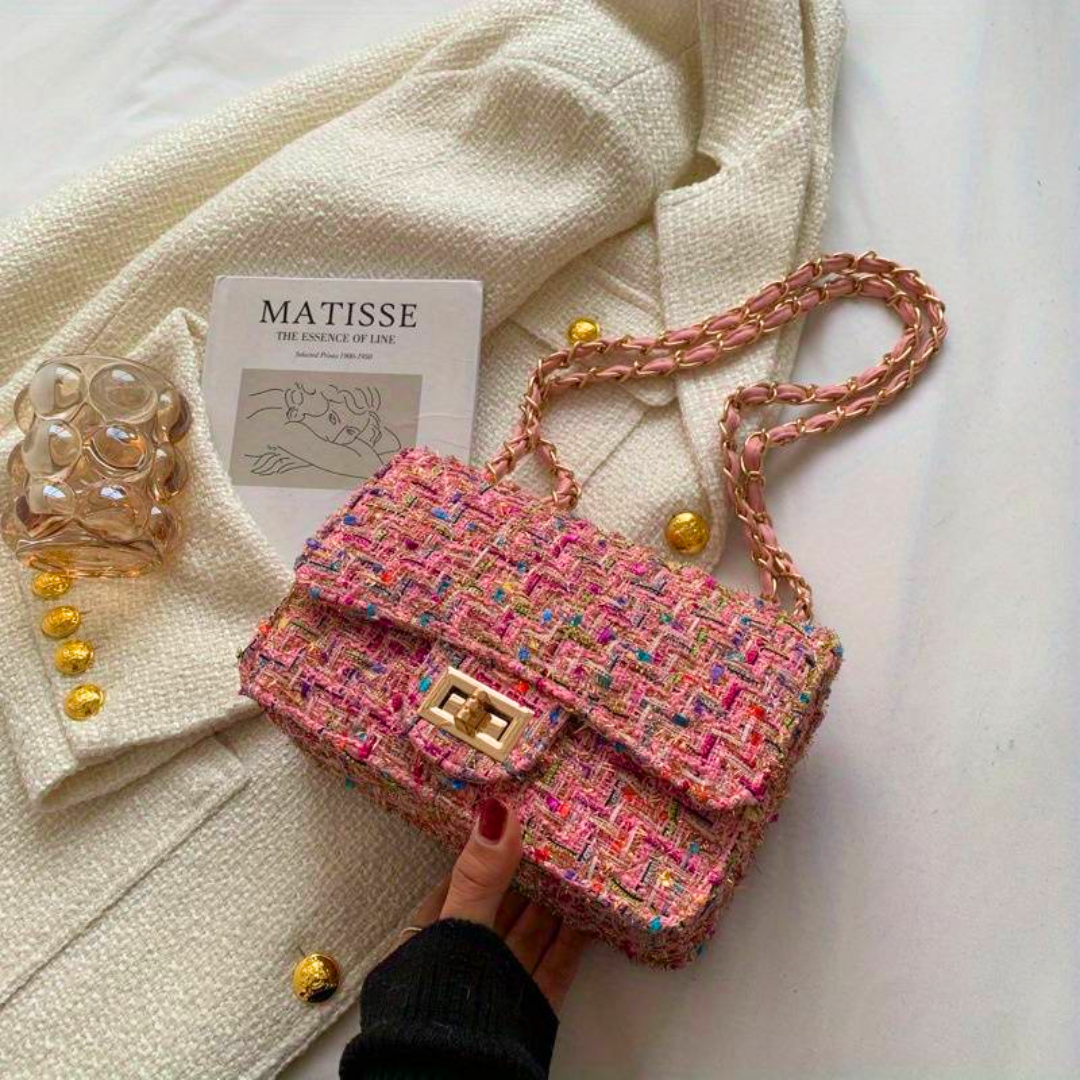 Elegant skuldertaske i tweed til damer i lyserød farve