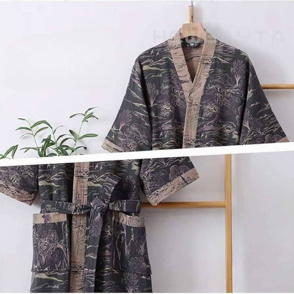Blød luksus morgenkåbe i kimono-stil detalje