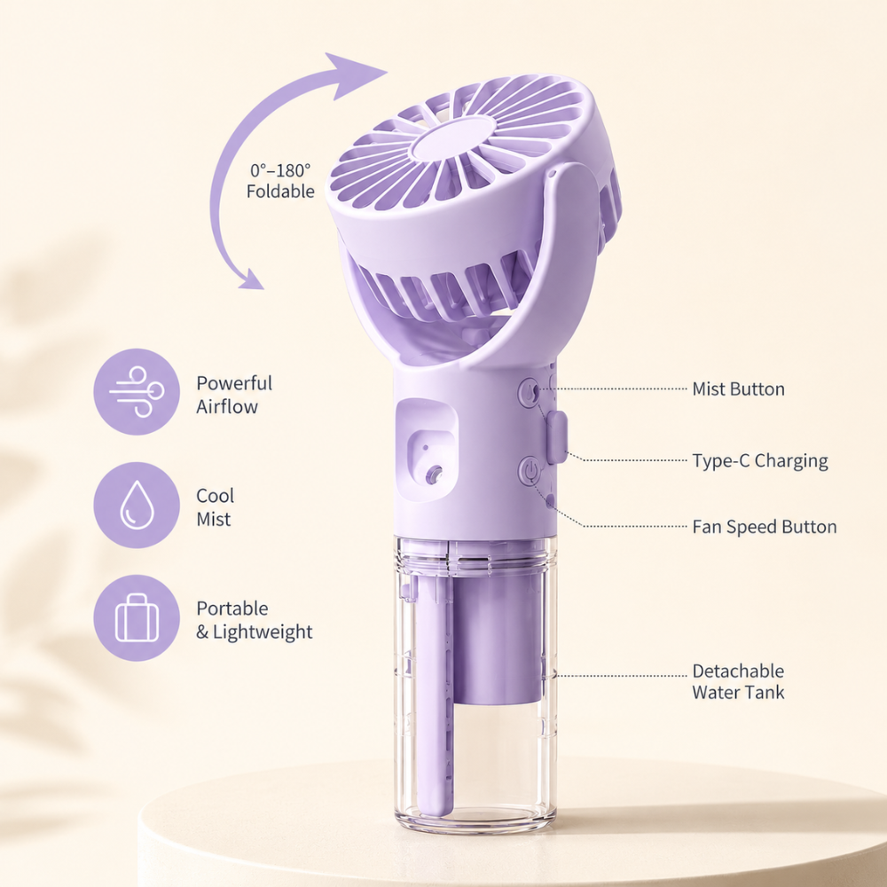 USB-genopladelig miniventilator med 4 hastigheder