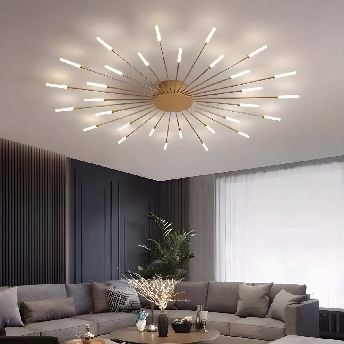 LED-loftlampe i guld med 30 diffuse pærer i neutral lysfarve