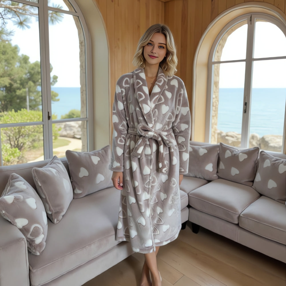 Luksus morgenkåbe i blød flannel fleece med shawl-krave