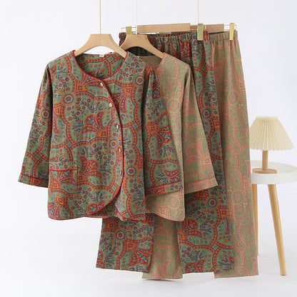 Vintage jacquard loungewear sæt til damer – rundhals og knapdetaljer