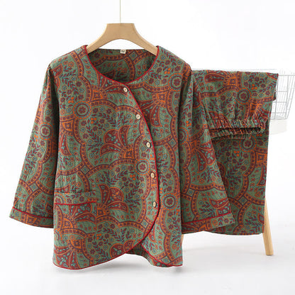 Vintage jacquard loungewear sæt – grøn og orange – str. XL