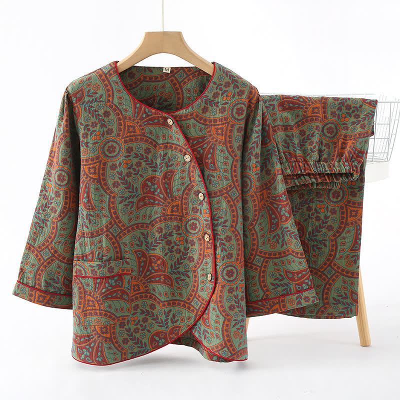 Vintage jacquard loungewear sæt – grøn og orange – str. XL