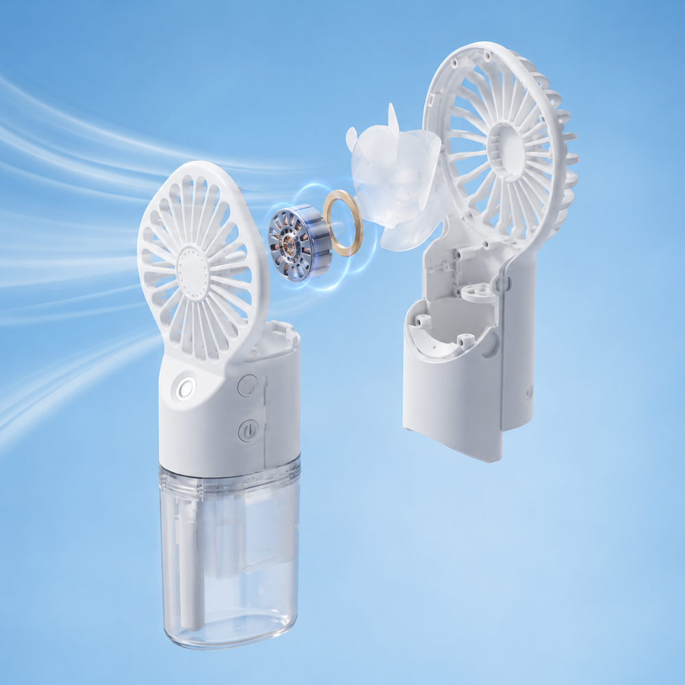 Kompakt miniventilator med spray – ideel til strand og camping