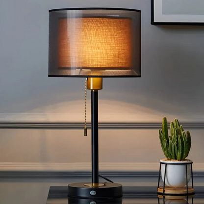 Vintage bordlampe med dobbelt stofskærm i sort finish