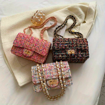 Skuldertaske i tweed i alle tre farver samlet