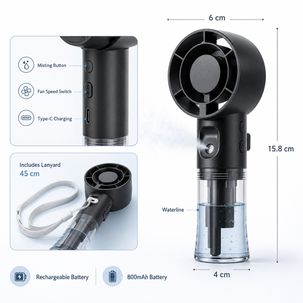 Sprayventilator med USB-C ladekabel inkluderet