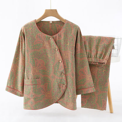 Vintage jacquard loungewear sæt – lysegrøn og pink – str. XL