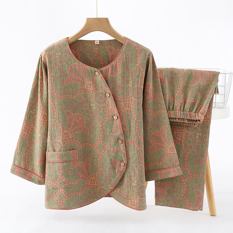 Vintage jacquard loungewear sæt – lysegrøn og pink – str. XL