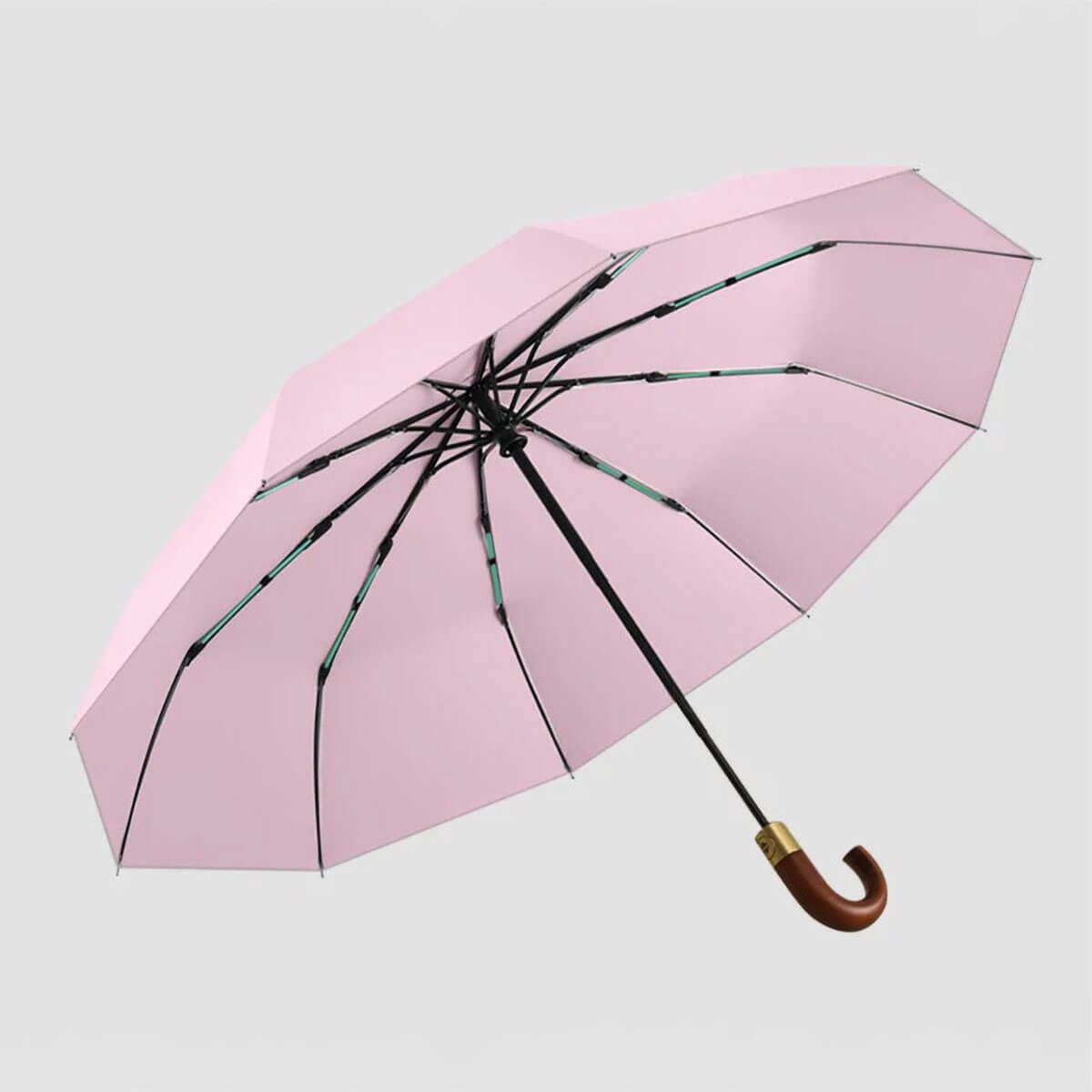 Sammenligning af åben og lukket pink foldeparaply på 106 cm