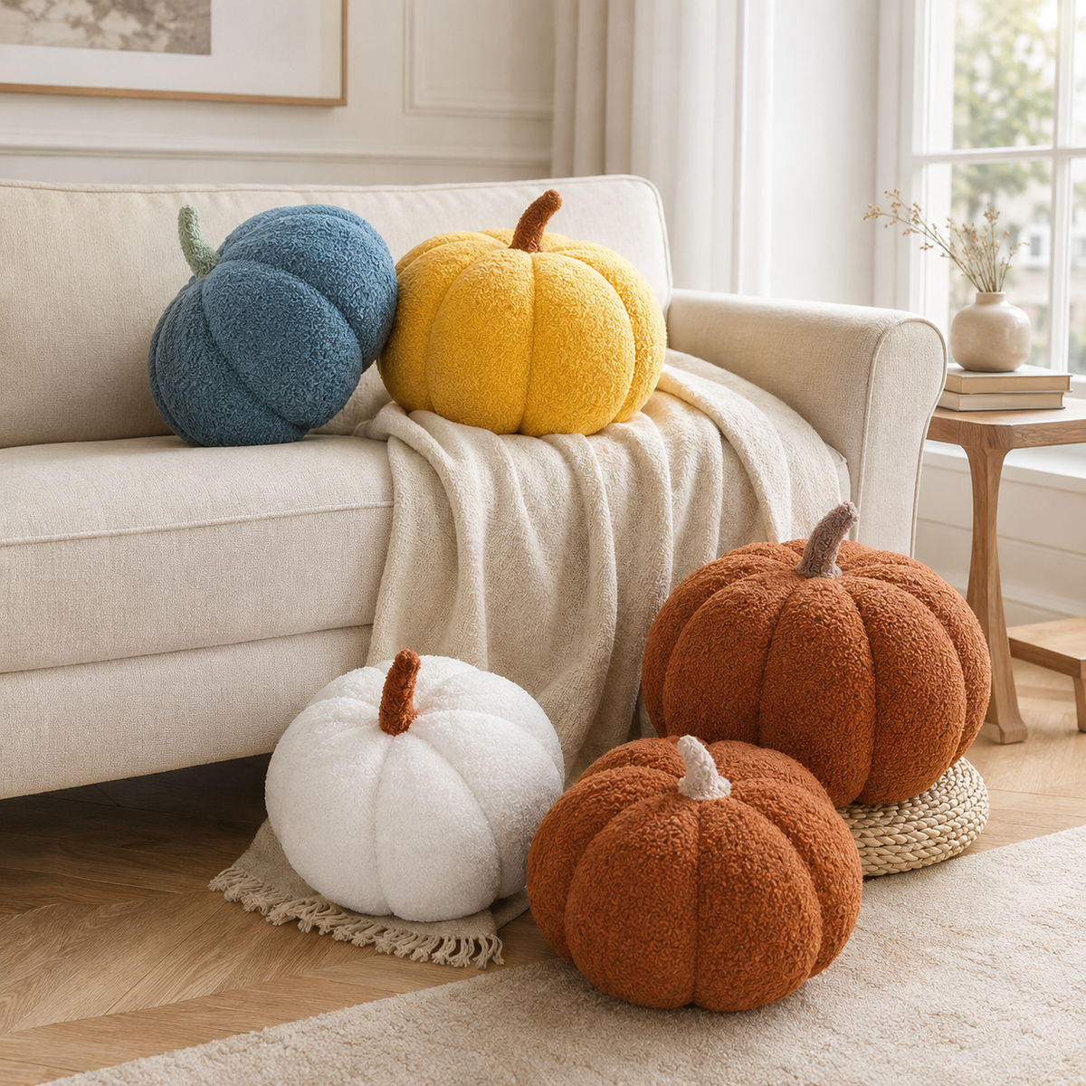 Kombination af forskellige størrelser og farver af plys græskarpuder