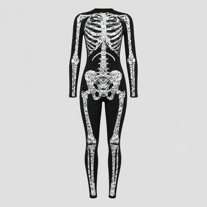 Tætsiddende skelet-jumpsuit til voksne i sort med knogle-motiv 1